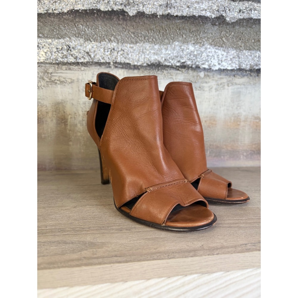 Coach Brown Leather Peep Toe Cutout Ankle Booties Stiletto Heels Cognac 7B